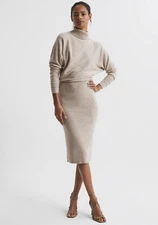 REISS Fallon Wool Blend Cashmere Roll Neck Knitted Midi Jumper Dress Oatmeal