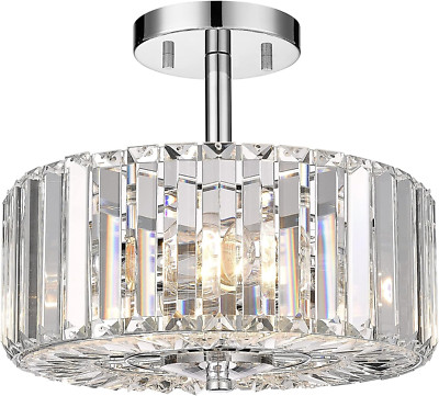 Crystal Ceiling Light, Modern 2-Light Chrome Flush Mount Light Fixture, round Dr