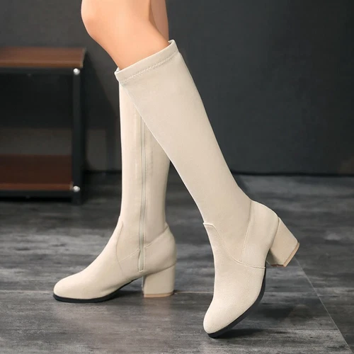 Modische elastische kniehohe Damen-Reiterstiefel mit seitlichem Reißverschluss Kunst-Wildleder Blockabsatz - Bild 1 von 15