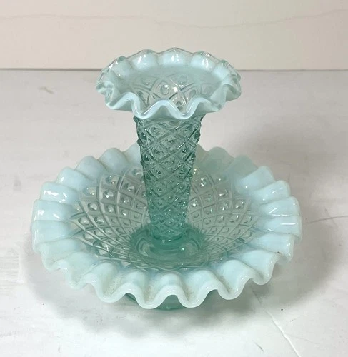 Fenton Art Glass Turquoise Opalescent Diamond Lace Single Ruffled Footed Vase