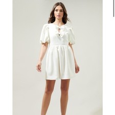 SugarLips White Puff Sleeve Bow Detail A Line Mini Dress Size S