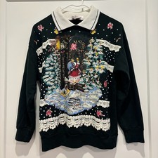 Vintage NutCracker Christmas Sweatshirt Black Lace Trim Winter Scene Polo Collar