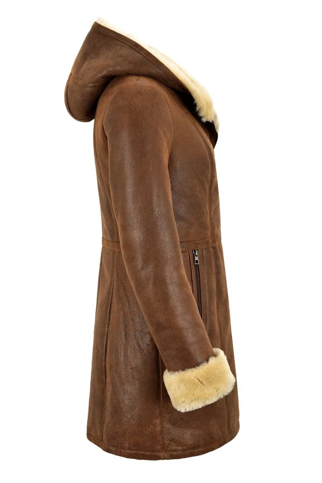 Cappotto donna montone shearling rame ruggine pelliccia sintetica con cappuccio B3 giacca lunga NV-39 - Immagine 4 di 4