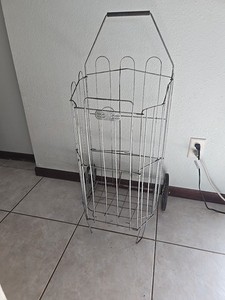 Vintage 1950s Folding Rolling Shopping Cart Galvanized Metal Wire Laundry Basket