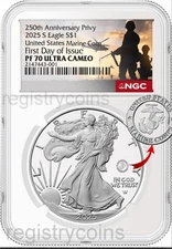 2025 P Silver Eagle US Marine Corp 250th Privy NGC PF70, First Day Issue Presale