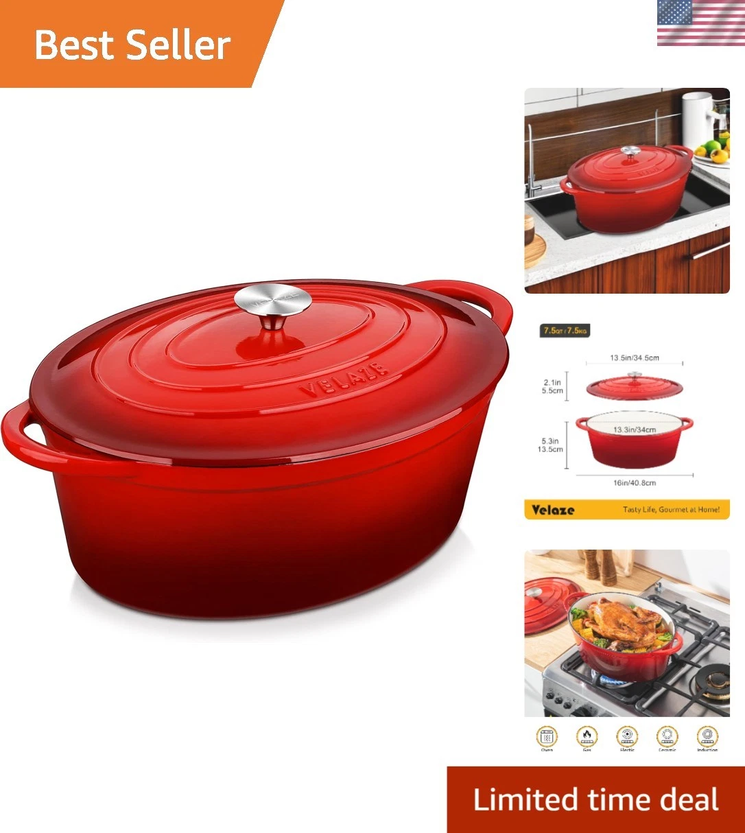 Enameled Cast Iron Dutch Oven Pot with Lid 7.5QT Non-stick Red Cooking Bake