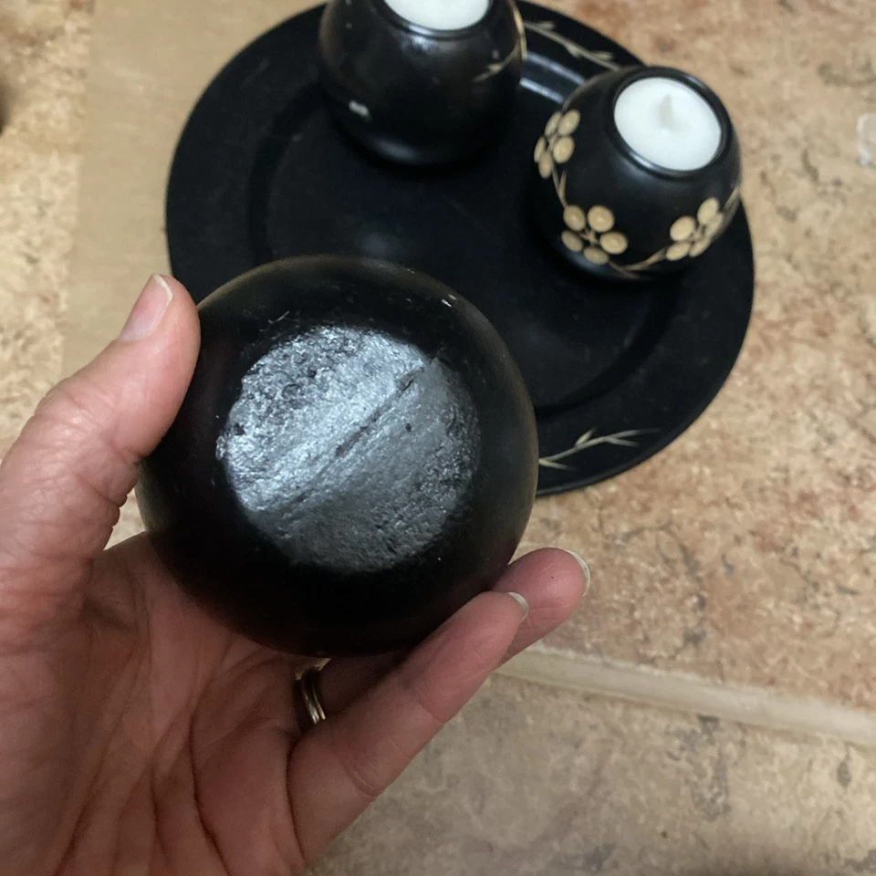 Juego de 3 luces de té de madera talladas en negro con bandeja Foto 4 de 4
