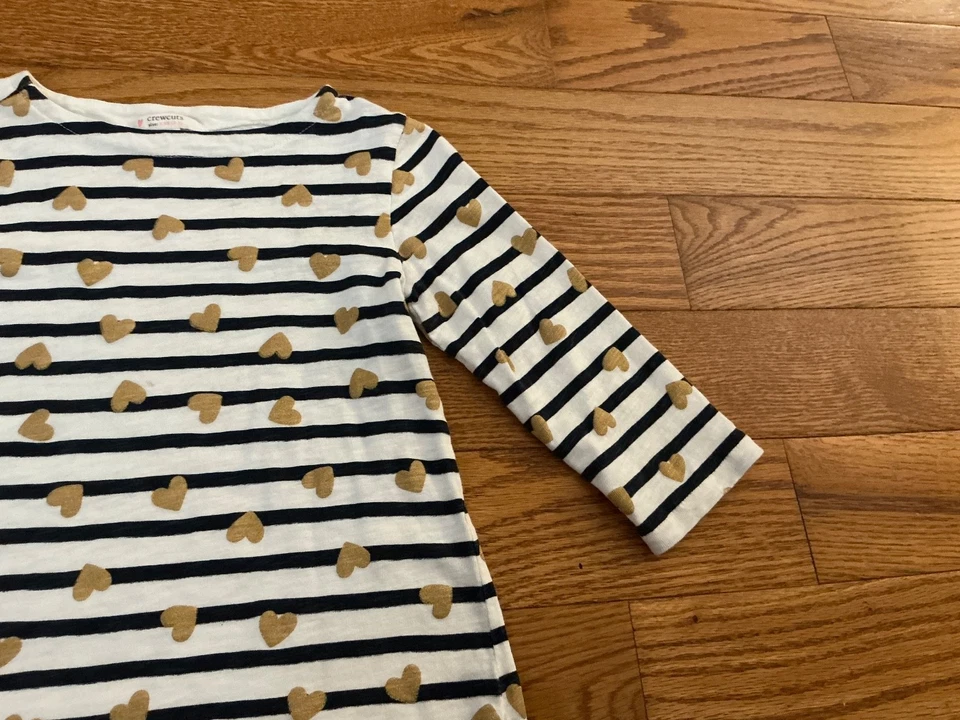 Vestido Aline Crewcuts Niña XXS 2-3 Azul Marino y Blanco Rayas con Corazones Dorados Brillantes Foto 4 de 4