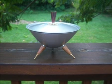 VTG MCM NEAT Starburst Sputnik Teak Candy Dish Mirro Medallion Brushed Aluminium