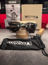 Real Ebony 1/2 Wood Browline Style RetroShade Sunglasses, Headphones And Charger