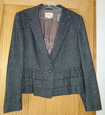 Loft Jacket Size 12 Woman With Ruffles Ann Taylor Tweed Grey Button Front Lined