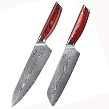2Pcs TURWHO Santoku Chef Knife Japan VG10 Damascus Steel Kitchen Knife Set Red