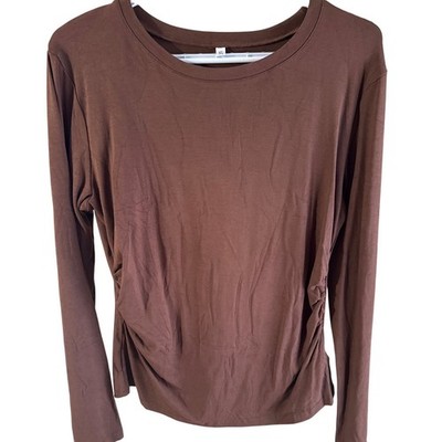 Darong Womens XL Brown Side Ruched Long Sleeve Crew Neck Top Rayon Spandex NEW