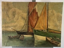 Old Oil On Canvas Signed: Return From Fishing Brittany Or Basque Country 52x70