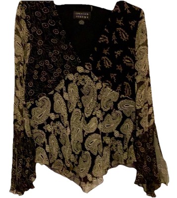 Spenser Jeremy 100% Silk Boho Black Taupe V Neck Flow Sleeve Blouse Top Size S