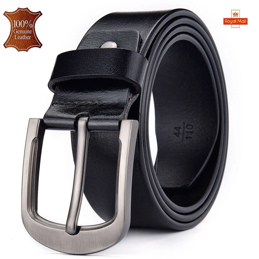 Mens Genuine Leather Belt Belts Real New Buckle For Trouser Jeans Black Brown UK - Picture 1 of 14