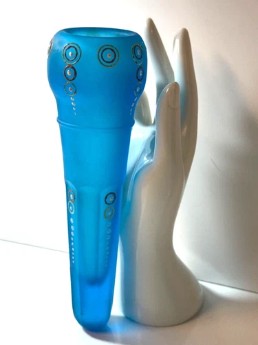 ANTIQUE FROSTED TURQUOISE BLUE 8"GLASS/AUTO/CAR FLOWER VASE -HANDPAINTED DESIGN