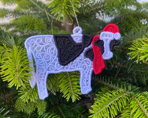 Farmyard Embroidered Lace Christmas Decorations - Cow, Hen, Pig or Set Of All 3 - Picture 2 of 10