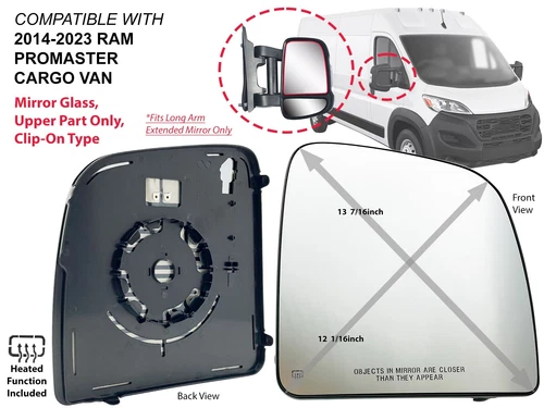 For Upper Mirror Glass 2014-2023 RAM PROMASTER Long Arm Mirror Passenger Side