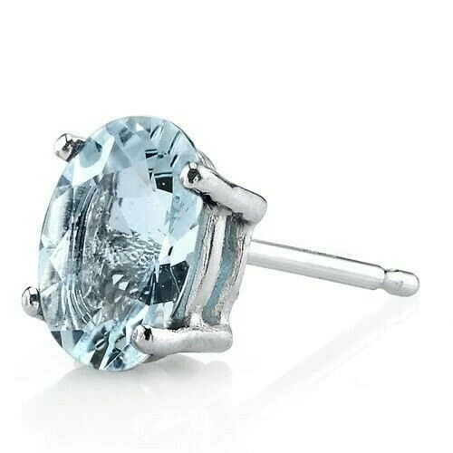 Aretes de aguamarina azul forma ovalada de 1,26 quilates en oro blanco de 14 K Foto 3 de 4