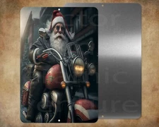Santa on a Cycle Christmas Sign Decor Biker  8" x 12" metal sign