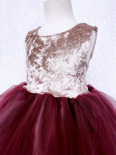 V-Back Blush Crushed Velvet Burgundy 2 Layer Toddler Junior Dress Wedding Party - Picture 5 of 10