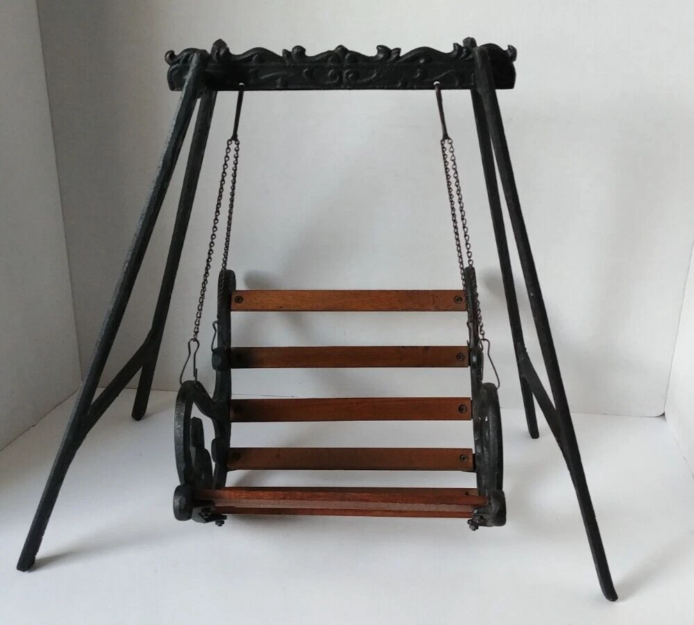 Vintage Large Doll Chair Swing Made of Ornate Cast Iron and Wood