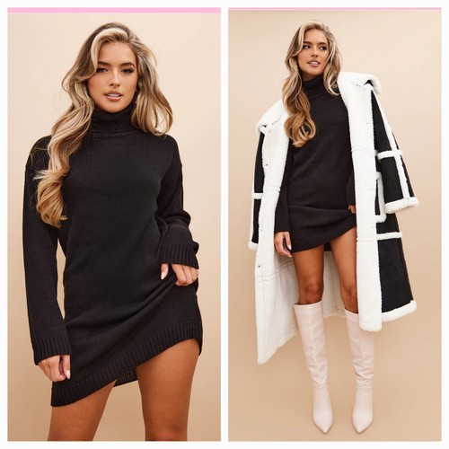 Pretty Little Thing Sweater Dress Black Turtleneck Long Sleeve Size Large
