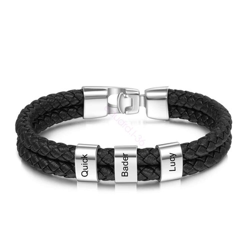 Personalized Leather Bracelet Mens with 1-5wo Custom Name Beads Engraved For Men - Picture 15 of 29