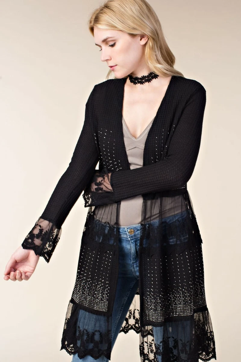 Long black top lace cardigan
