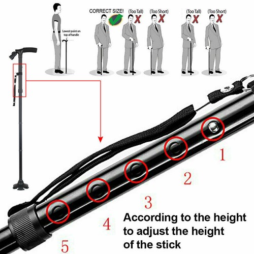 FOLDABLE WALKING STICK WITH LED LIGHT DISABILITY HEAVY DUTY CANE TORCH ALUMINIUM - Picture 5 of 24