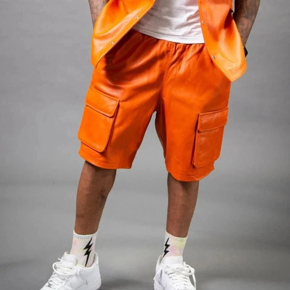 Nouveau short en cuir orange cargo pour hommes | Short de motard en cuir de m... - Photo 2/4