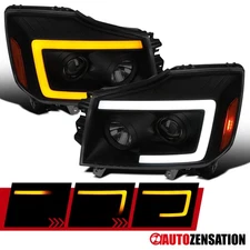 Fit 2004-2015 Titan 04-07 Armada Black Smoke Projector Headlights LED Sequential