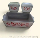 Vintage Pyrex PINK GOOSEBERRY Set - Loaf Pan - 2 Refrigerator Dishes w Lids RARE