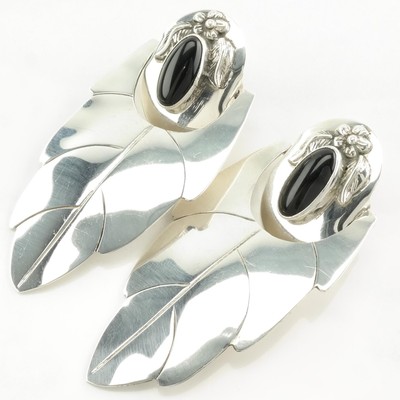 Sterling Silber Ohrstecker, Ohrhänger große schwarze Onyx Feder, floral