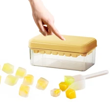 PREMIUS 2 Tray Ice Cube Tray with Container and Scoop, Yellow-Clear