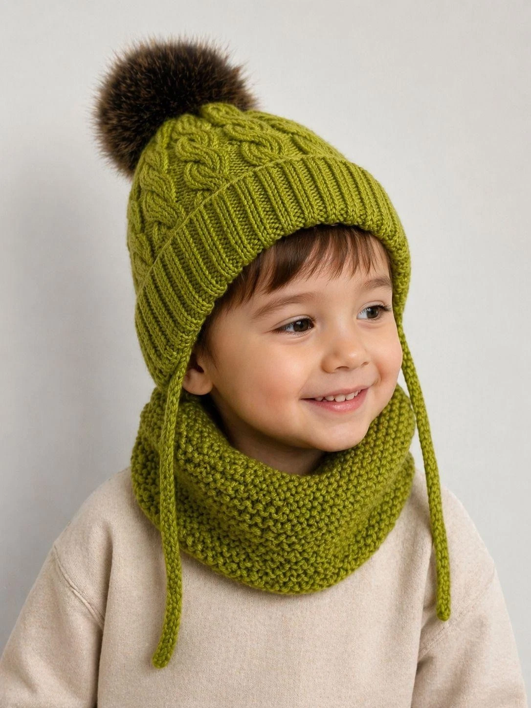 Handmade Kids Hat & Snood Set Merino Wool 2-4 Years with Pom Pom & Ties