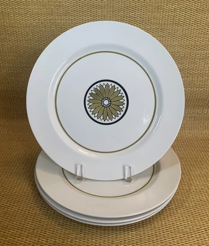 4 Vtg 60s Mikasa Mediterrania FOCAL 10.5" Dinner Plates Avocado Green Flower
