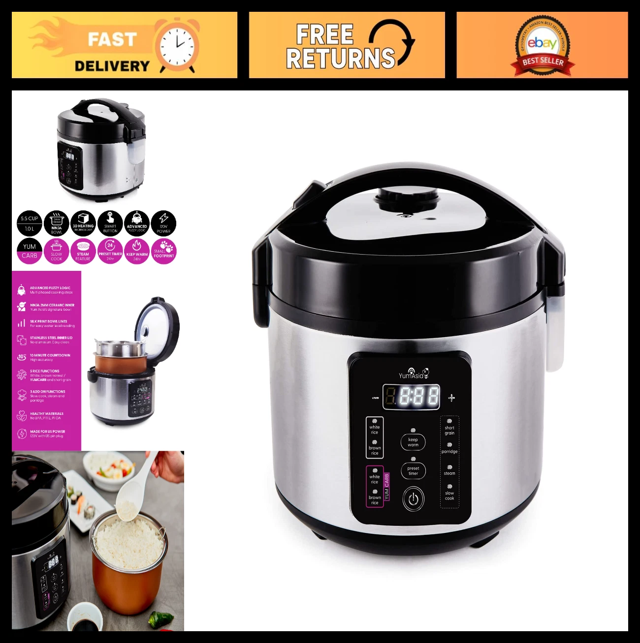 5.5 Cup Rice Cooker with Ceramic Bowl, Fuzzy Logic, 8 Cooking Functions, Stainle