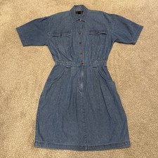 Vintage Eddie Bauer Denim Dress Womens M 100 Cotton Button Front 90s Blue