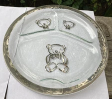 AnnieGlass Divided Grill Plate Platinum Rim With Teddy Bear 10-1/4”