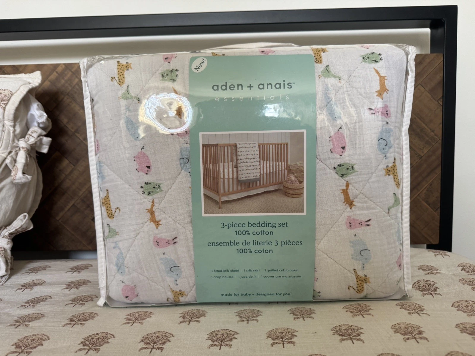 NEW ADEN + ANAIS 3 PIECE 100% COTTON CRIB BEDDING SET ANIMALS & ALPHABET