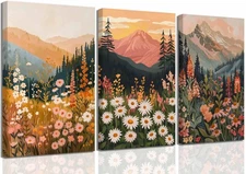 3 Pcs Boho Daisy Mountain Canvas Wall Art Abstract Flower Wildflower Sunset P...