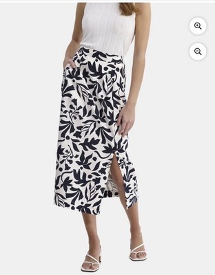 Time & Tru 24 XXXL Linen Blend Midi Skirt with Side Slit Pockets Navy White