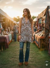 Boho Mandala Paisley Maxi Dress Blue Orange Floral Wrap Faux Surplice M? L?