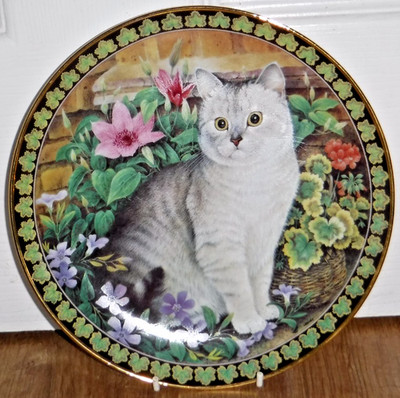 Lesley Anne Elfenbein Teller Katzen unter den Blumen Colin in Immergrün und Clematis
