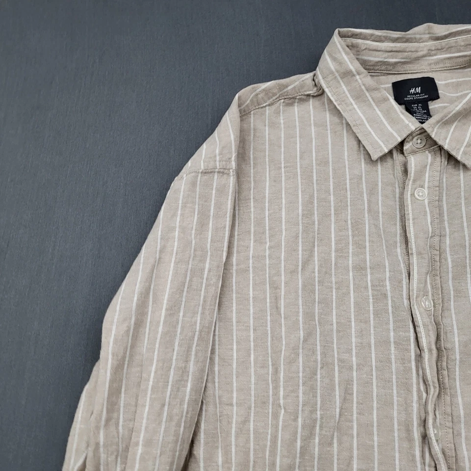 Camisa H&M Para Hombre TALLA XL Manga Larga Lino Abotonada Ligera Rayas Beige Foto 2 de 4