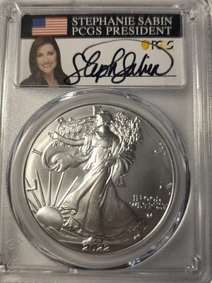 2022 Silver Eagle PCGS MS-70 First Day Issue BLAST WHITE Stephanie Sabin Signed - Image 1 of 4