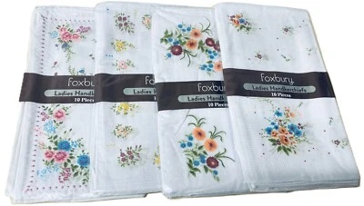 FOXBURY 10 Pack Ladies Hankies Handkerchiefs White Floral Print Cotton Polyester