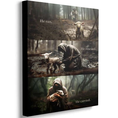 P&L ART He Ran He Rescued He Carried Canvas Print Jesus and Lost Sheep Wall Art
